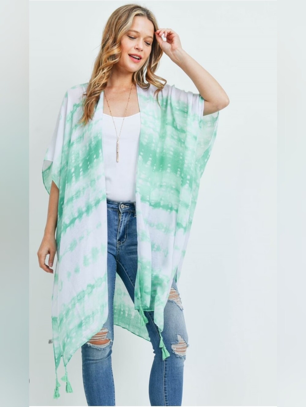 Light Green Tie-Dye Kimono Duster - Size: One Size